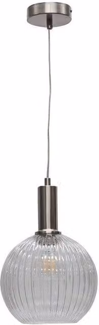 First Choice Lighting Betchley Art Deco Pendant Fitting with Transparent Ribbed Glass Sphere and Silver Metal Finish
