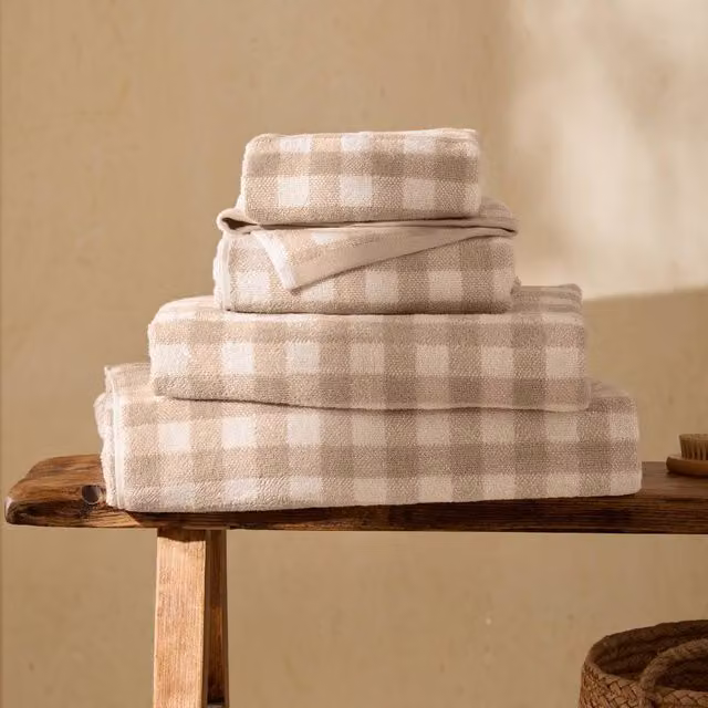 Yard Barton Fluffy Gingham Check 100% Cotton Towel in Beige
