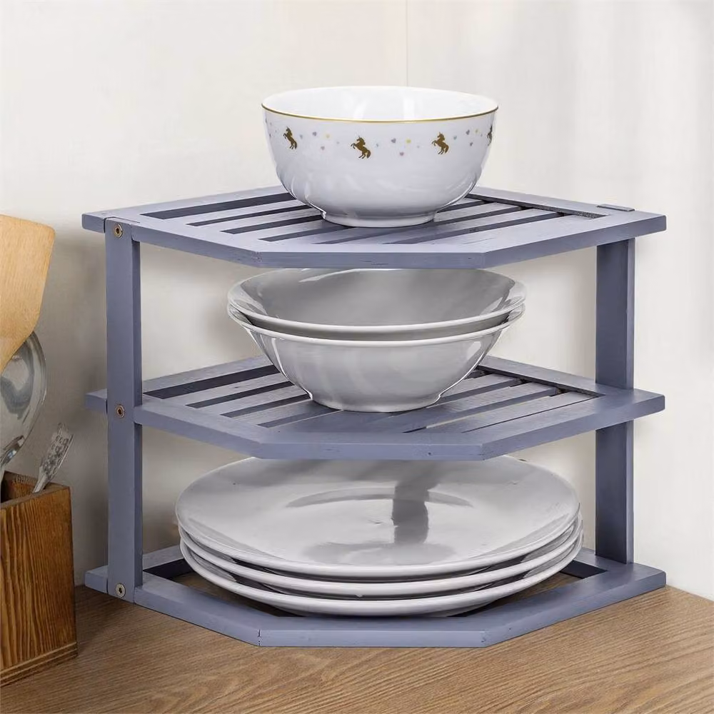 FORGEVIO Grey 3 Tier Bamboo Corner Kitchen Plate Rack – 3