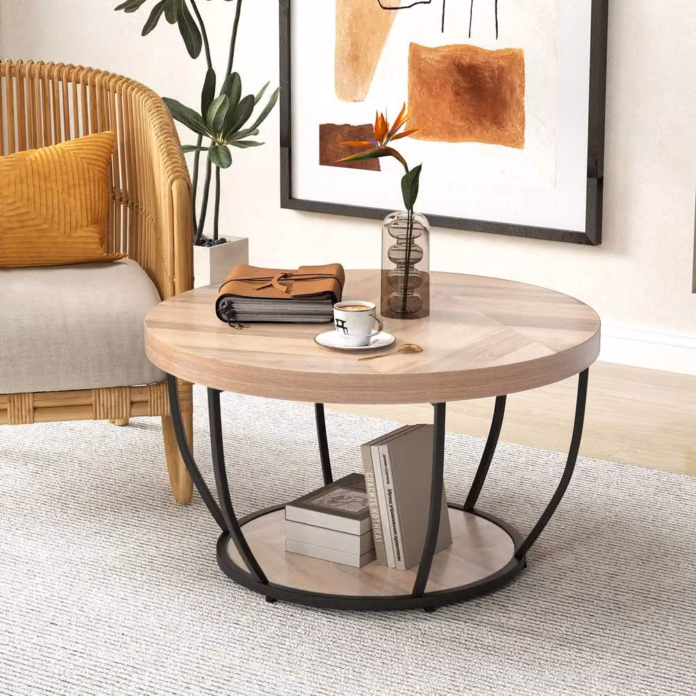 Gymax Round 2-Tier Coffee Table with Faux Wooden Top in Sand Brown – 2