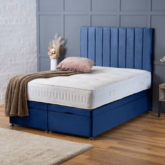 BSSPOKE Aria Ottoman Divan Bed with 54 inch Panel Headboard in Blue Plush Velvet, W/D/H: 180 x 200 cm