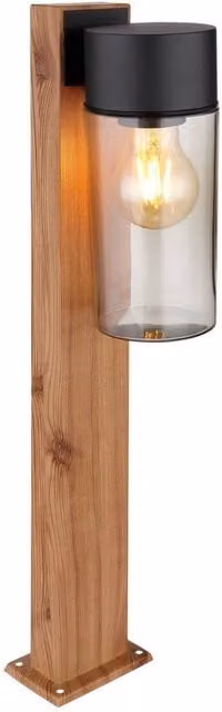 Netlighting Etsi Outdoor Pedestal Light in Brown with Wood Look and Smoke Glass Shade, IP44, 1x E27