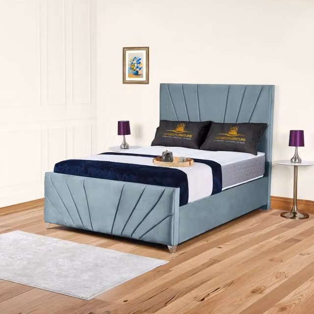 UK Bed Furniture Sunrise Single Upholstered Velvet Gas Lift Storage Bed in Blue