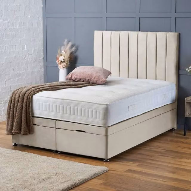 BSSPOKE Aria Ottoman Divan Bed with Mattress and Panel Headboard in Beige Plush Velvet, W/D/H: 140 x 200 cm – 1