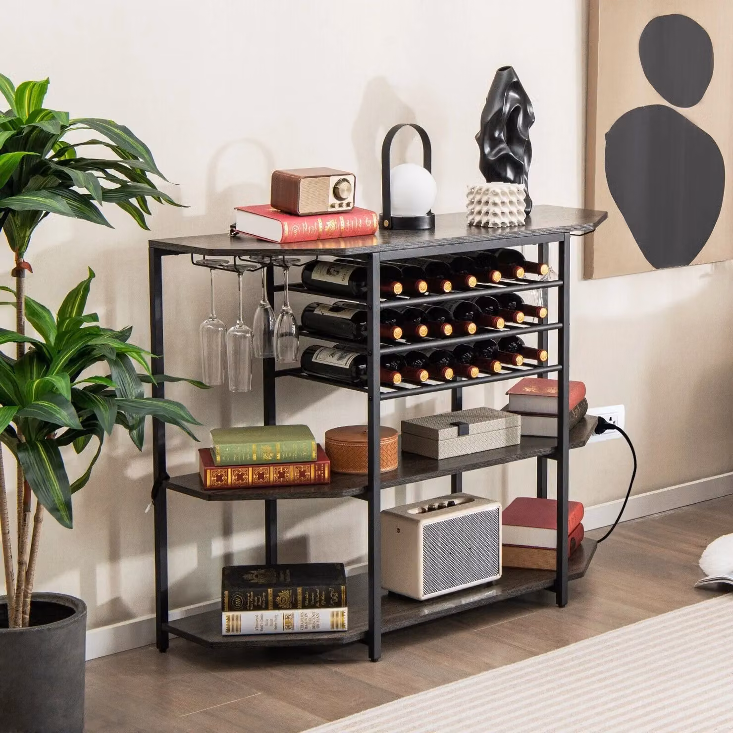 Costway 3 Tier Industrial Wine Bar Cabinet with Glass Holder in Grey – 3