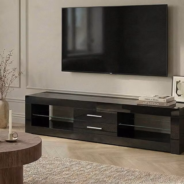 Wyld and Coco Zenith TV Stand in Black Wood with Glass Shelves and Cable Management, W: 150.0 cm, H: 40.0 cm