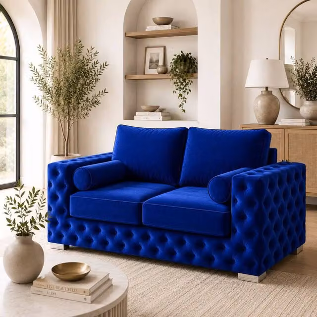 Stratus Interiors Ashley 2 Seater Chesterfield Tufted Fabric Sofa in Royal Blue – 1
