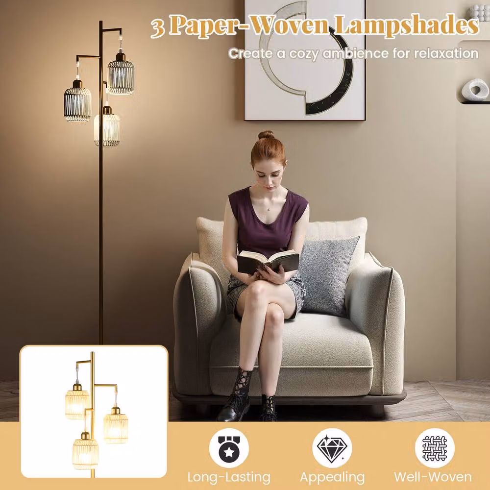 Costway 3-Light Farmhouse Floor Lamp in Gold with Foot Switch, Height: 173 cm – 5