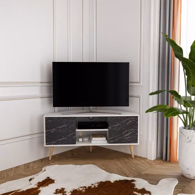 Decorotika Minimalist White and Black Marble Effect TV Unit with Cable Management