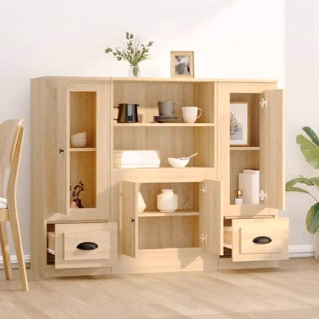 Berkfield Home 3-Piece Sonoma Oak Highboard Set in Light Tan Beige – 1