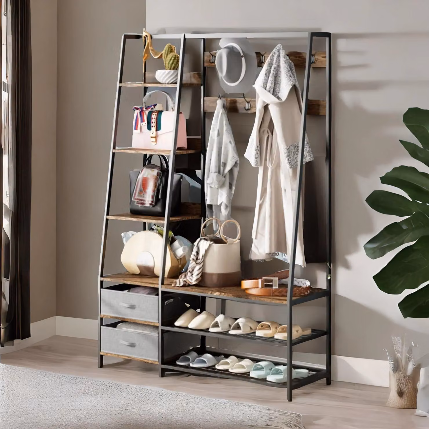 Rafaelo Mobilia Industrial Hall Tree Coat Rack Stand with 2 Fabric Drawers and 9 Hooks, Dark Brown, H 179 x W 40 x D 40 cm – 2