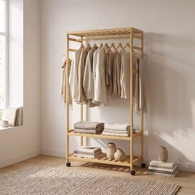 Storvo Bamboo Clothes Rack with Shoe Storage in Brown and Beige, W/D/H: 100 x 40 x 168 cm