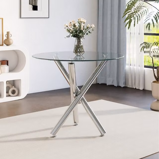 Komore Round Glass Dining Table with Silver X-Frame Metal Base, Transparent