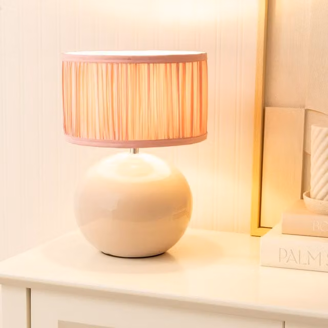 Bosco Stone Ceramic Table Lamp with Ruched Pleated Fabric Drum Shade in Blush Pink