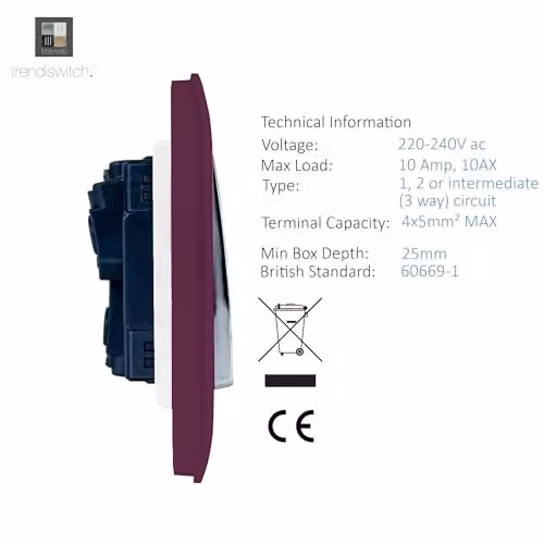 Trendi 4 Gang Flush Mains Switch in Plum Purple and Chrome – 3