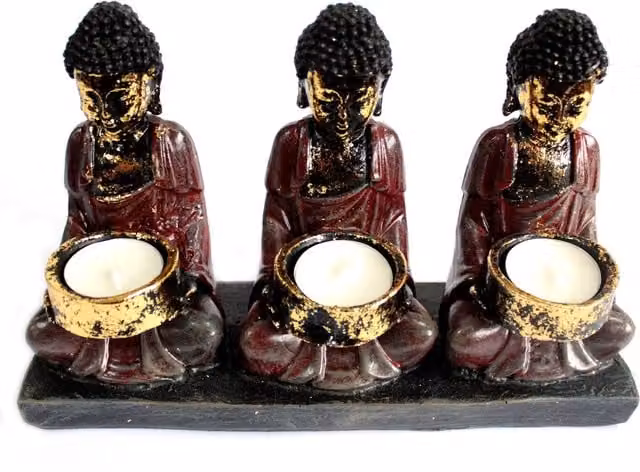 KDMD Antique Buddha Three Devotees Ceramic Tealight Candle Holder in Red – 4