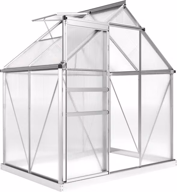 Outsunny Silver-Tone Walk-In Polycarbonate Greenhouse with Sliding Window and Rain Gutter, W: 131 cm, H: 192.5 cm – 1