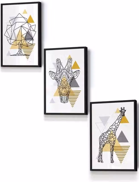 ARTZE Geometric Line Art Yellow Giraffe Tree Set Framed Wall Art in Black, W: 33 cm, H: 45 cm, D: 2 cm