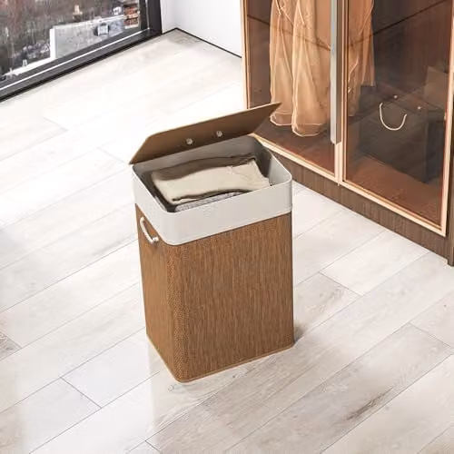 HOMCOM Bamboo Laundry Basket with Lid and Removable Washable Fabric Liner, Brown, 72L – 4