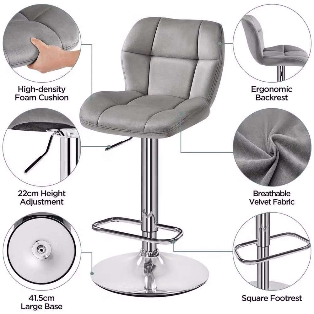 VOGREX Set of 2 Grey Velvet Swivel Bar Stools with Backrest – 4
