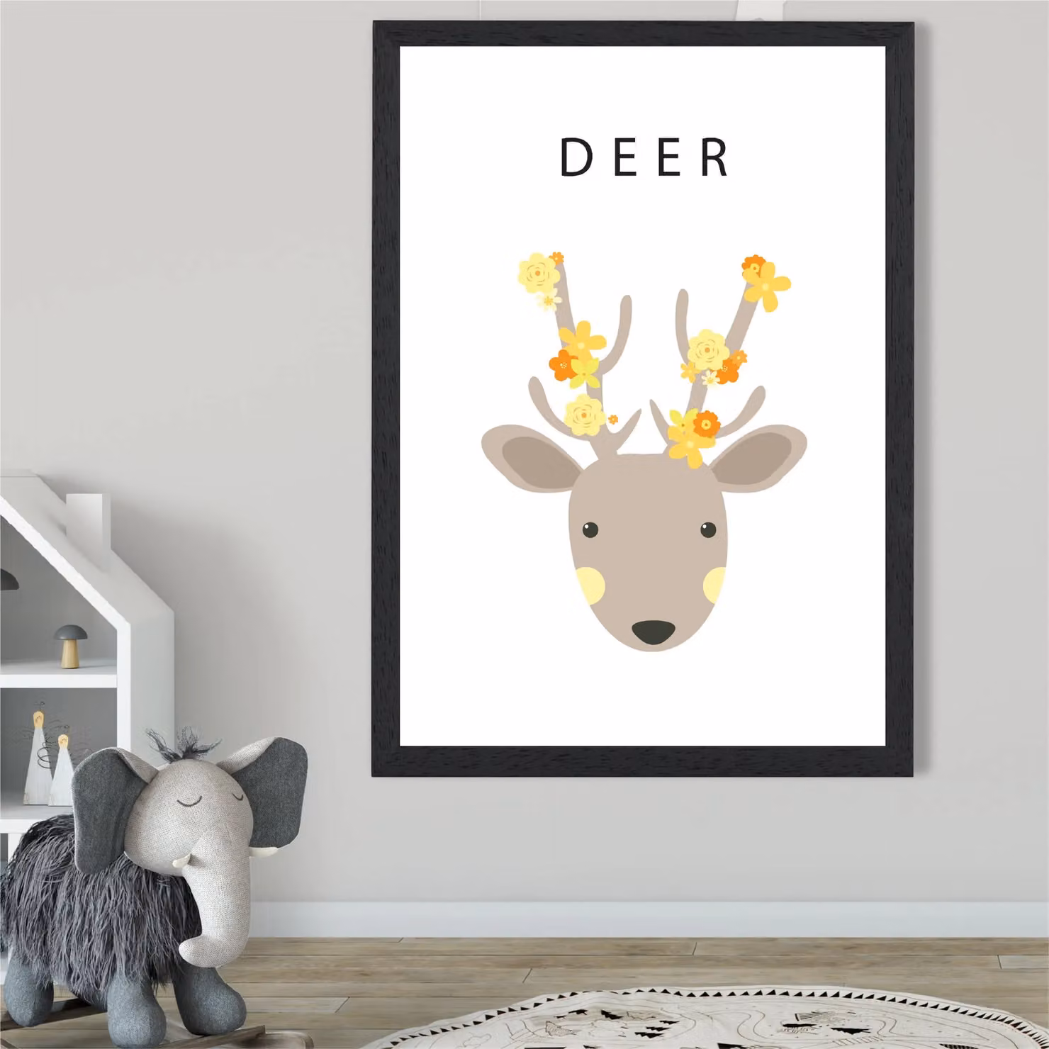 ARTZE Cute Yellow Floral Deer Framed Print, Multicolour, A4 – 2