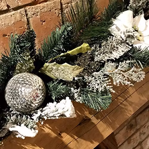 Premier White Poinsettia Christmas Garland with Silver Baubles and Glitter Snow Flocking – 3