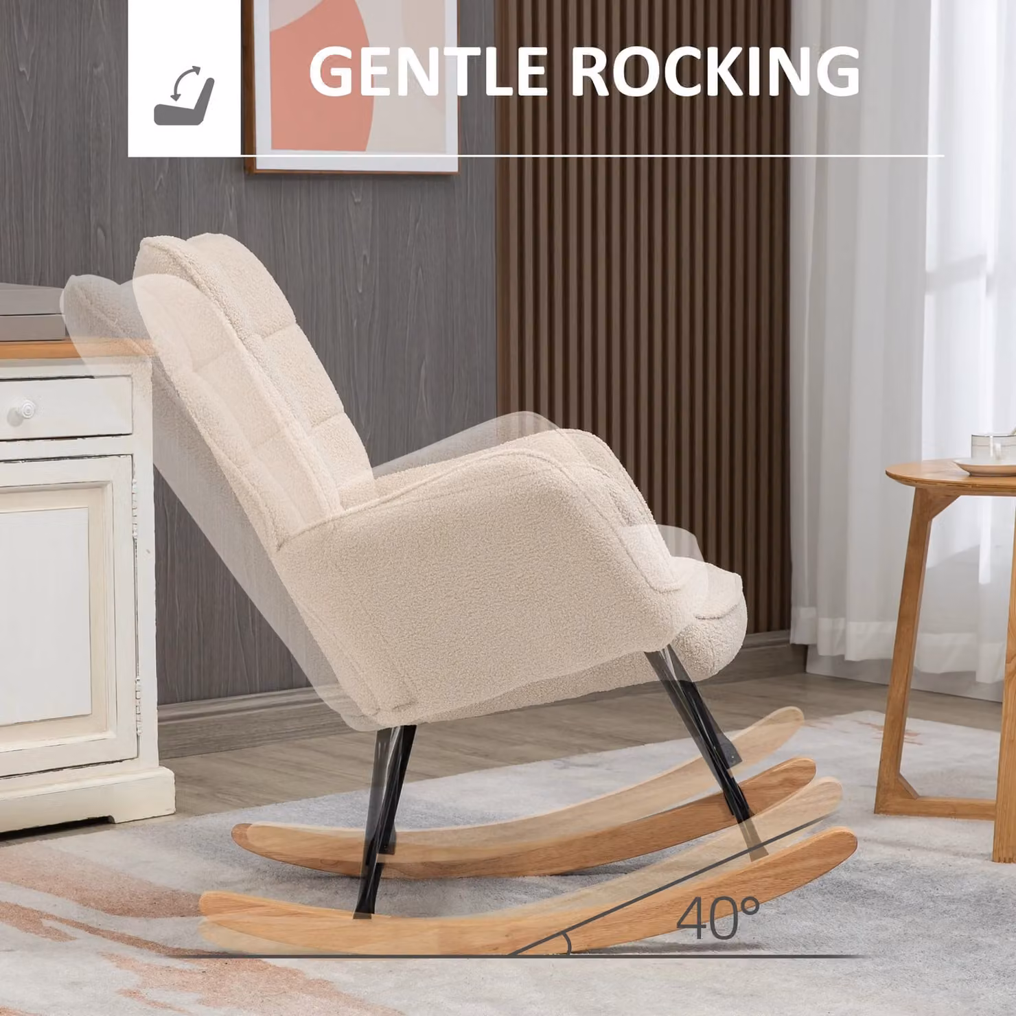 HOMCOM Oversized Wingback Rocking Chair in Beige Bouclé Fabric with Mixed Metal and Wood Frame – 3