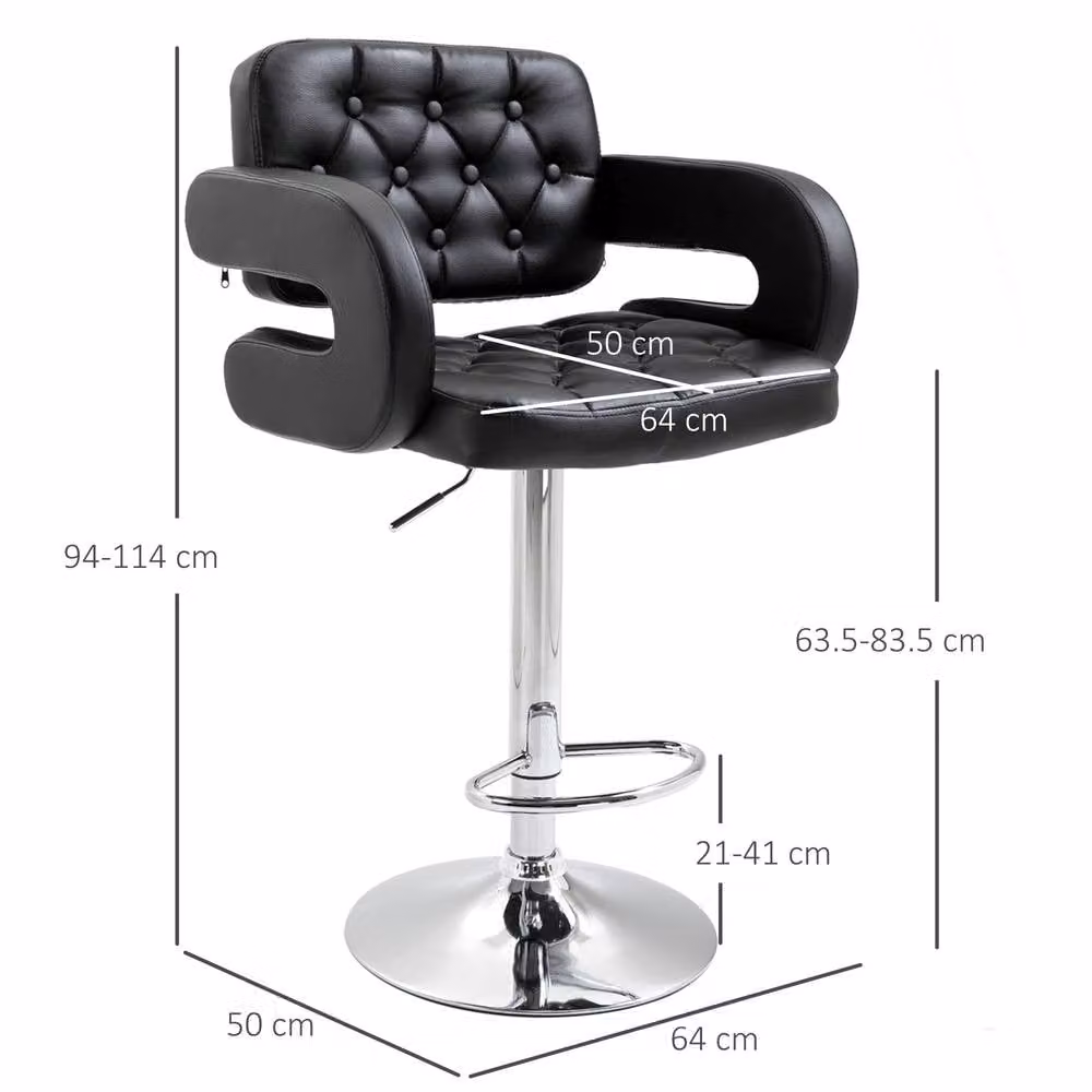 HOMCOM Set of 2 Adjustable Height Swivel Barstools in Black PU Leather with Steel Poles – 3