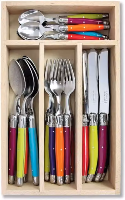 Laguiole 24 Piece Stainless Steel Cutlery Set in Multicolour with Polished Wood Presentation Case