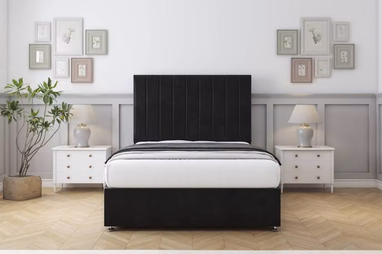 Sloomy Kansas Plush Divan Set with 26 inch Headboard in Black, Super King, W/D/H: 200 x 200 cm