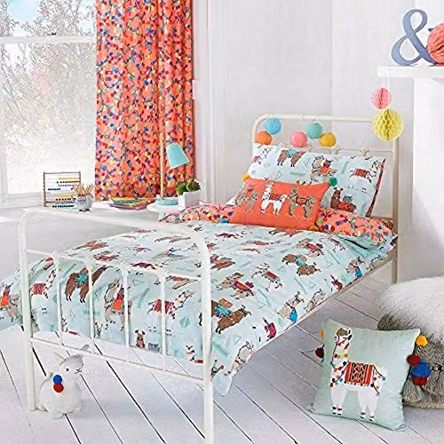 Riva Home Reversible Llama Graphic Childrens Polycotton Duvet Cover Set, Multicolour and Green, W: 120 cm, L: 150 cm