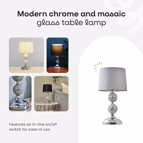 MiniSun Set of 2 Modern Chrome and Mosaic Glass Table Lamps with Black Shades – 5
