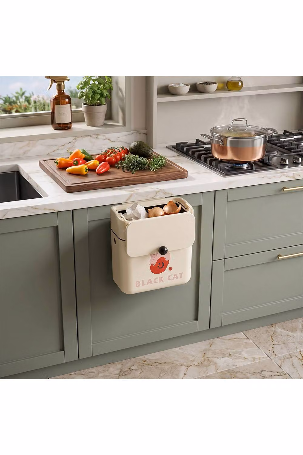 Living and Home Wall Mounted Hanging Kitchen Rubbish Bin with Flip Lid in Beige – 2