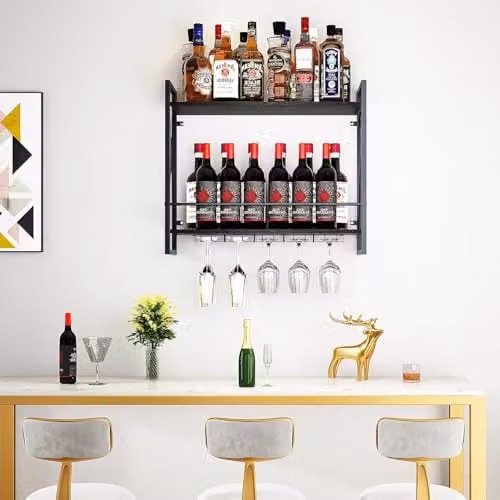 Huhote Wall Mounted 2 Tier Wine and Glass Rack with Industrial Iron Frame and Wood Shelving, Black – 4