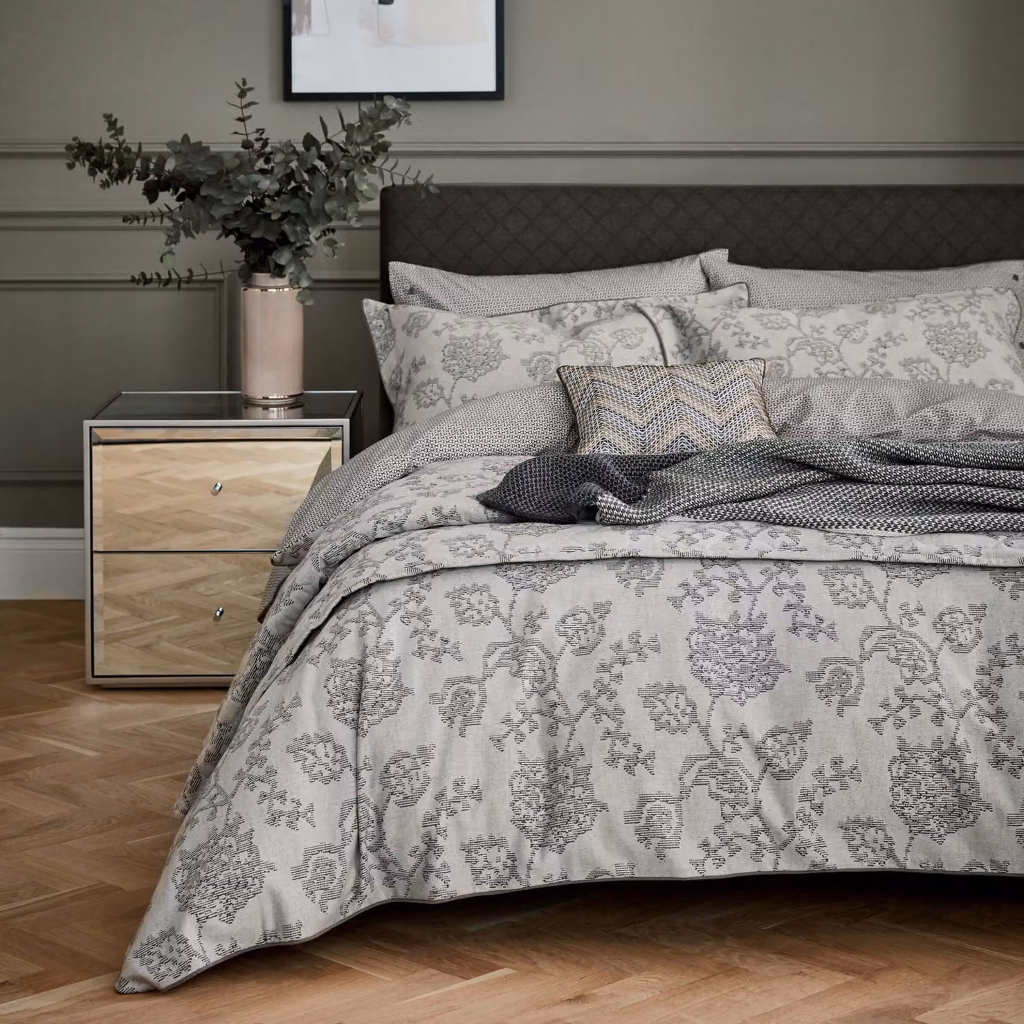 Bedeck Of Belfast Canna Reversible Single Duvet Cover, Grey Cotton Jacquard Floral – 2