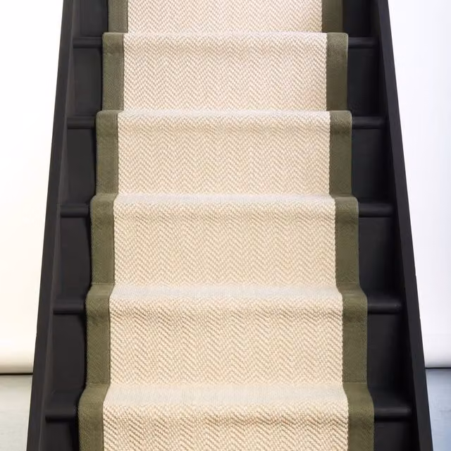 RainbowHome Belgravia Stair Runner with Herringbone Cotton Border in Beige, W: 60 cm x L: 700 cm