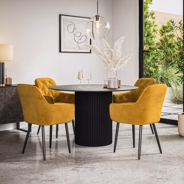 More4Homes Arlo Concrete Round Dining Table and Anika Velvet Dining Chairs Set of 4, Black and Mustard, W/D/H: 120 x 120 x 75 cm