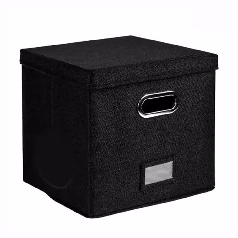 EONLION Black Fabric Vinyl Record Storage Box with Lid and Label Holder, W: 50.0 cm, D: 33.0 cm – 3