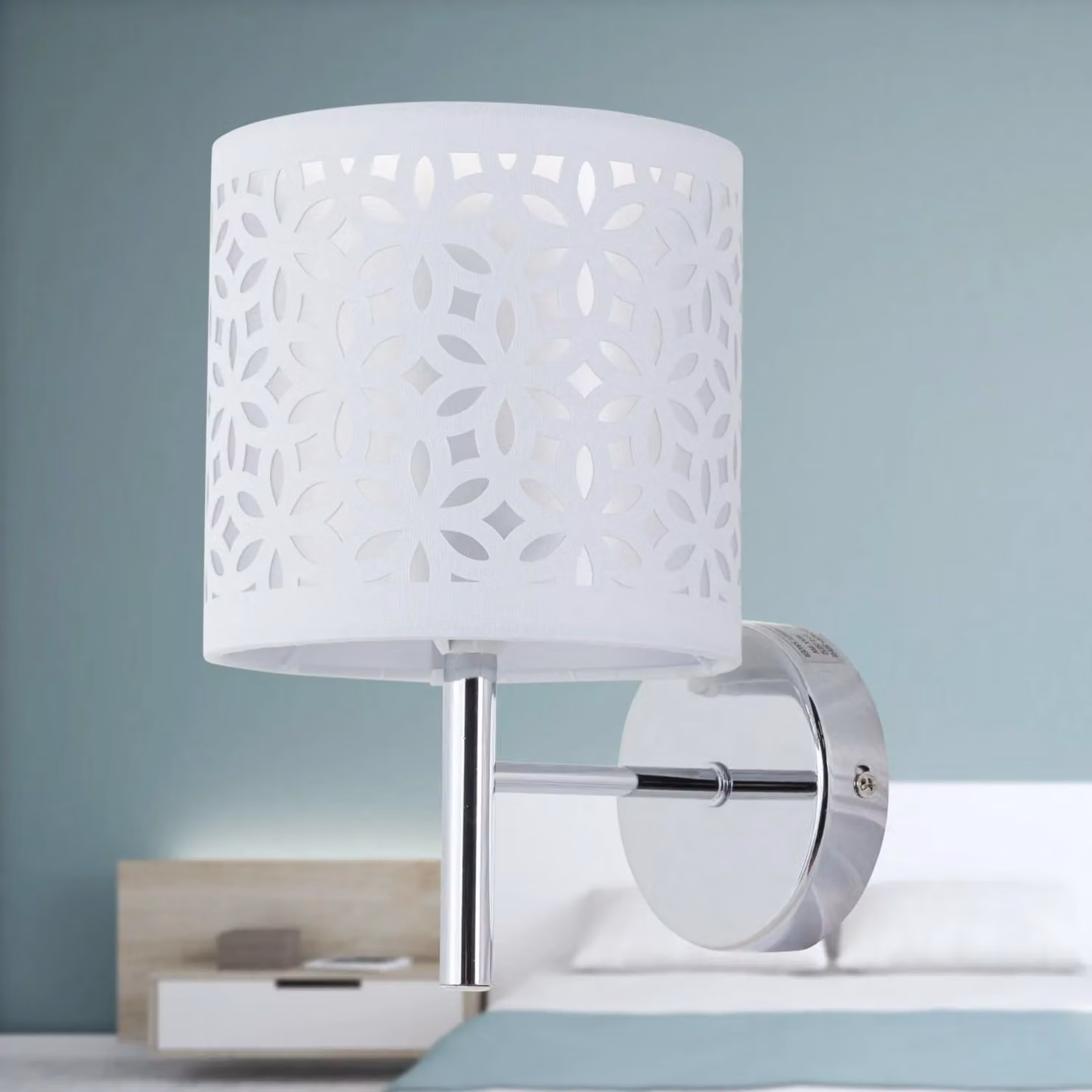 First Choice Lighting Brea Chrome Wall Light with White Fabric Shade – 2