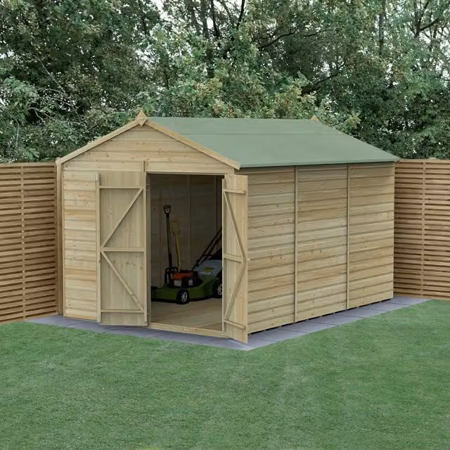 Beckwood Apex Wood Shed in Green and Beige with Gable Roof and Base