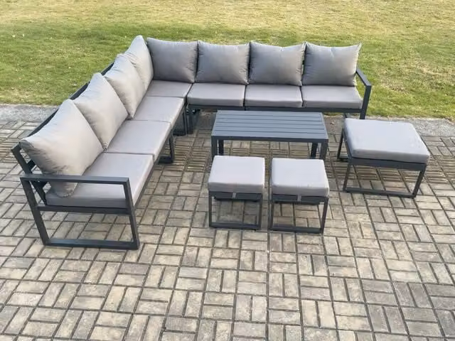 Fimous Modern L-Shape Outdoor Garden Furniture Set in Dark Grey with Powder Coated Aluminium Frame, Oblong Coffee Table and 3 Upholstered Ottomans