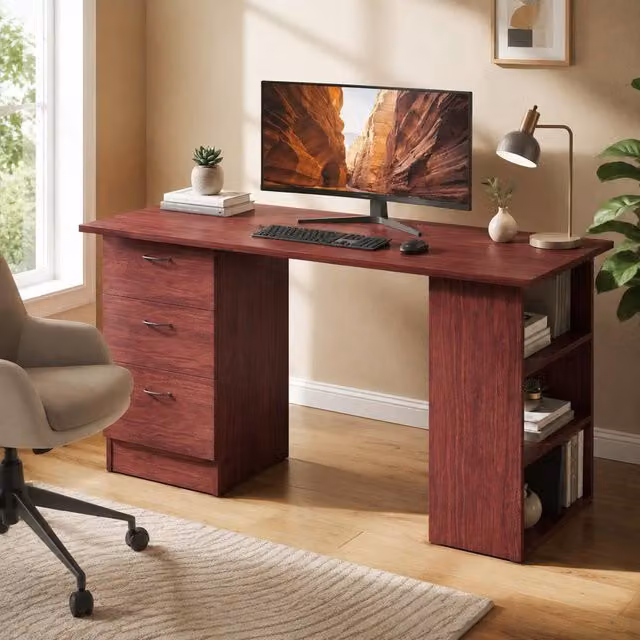 STILVORA Modern Brown Writing Desk with 3 Drawers and 3 Shelves – 1