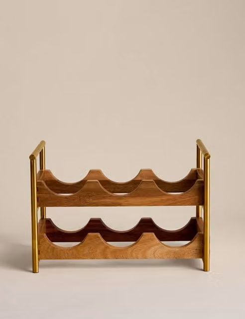 M&S Modern Freestanding Wooden and Metal Wine Rack in Natural Brown and Gold