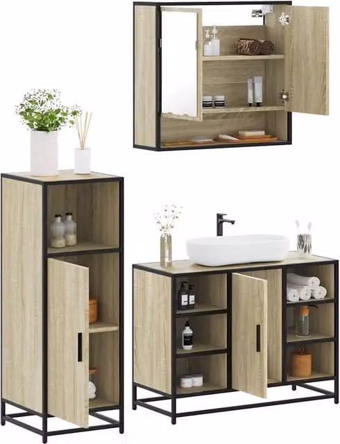 Berkfield Home 3 Piece Industrial Bathroom Furniture Set in Brown Sonoma Oak – 1