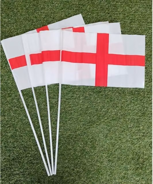 Set of 4 White Hand Held St George Flags for Parties and Tabletop Decoration