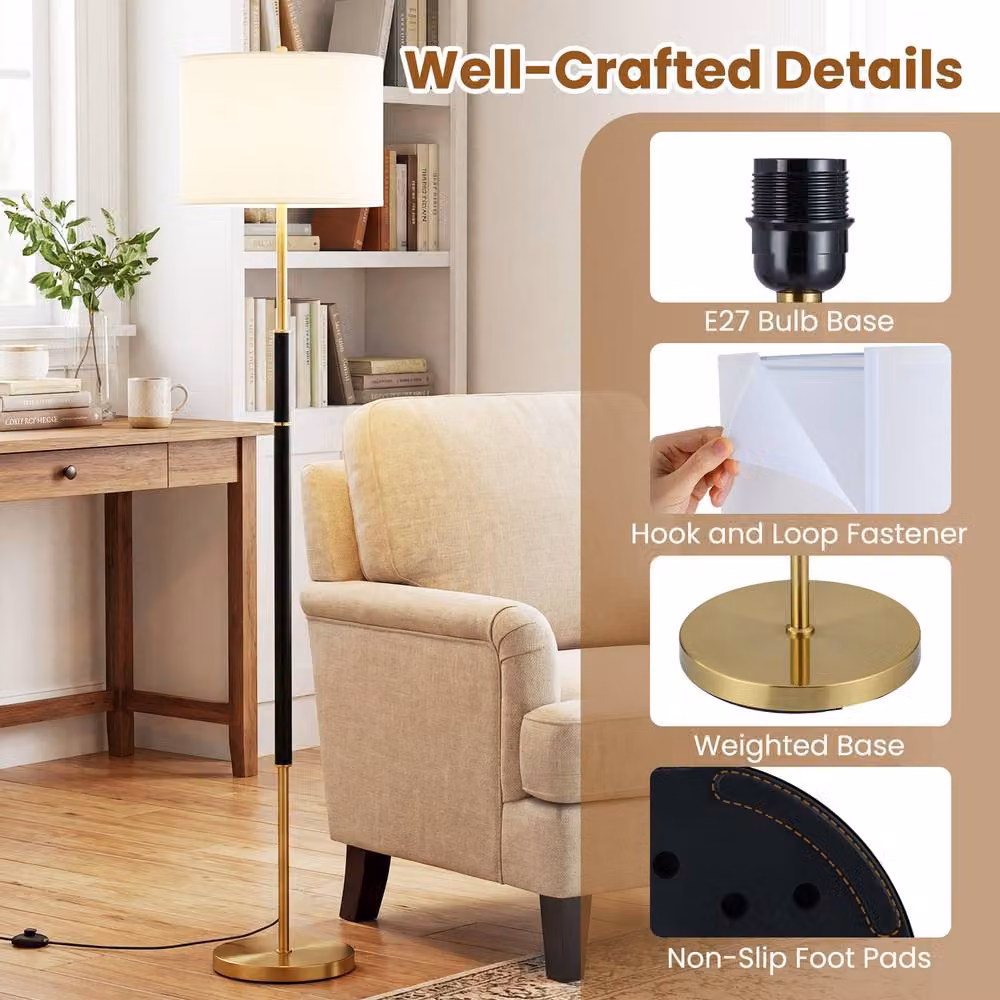 Gymax Modern Gold Floor Lamp with Fabric Cylinder Lampshade and Foot Switch – 3