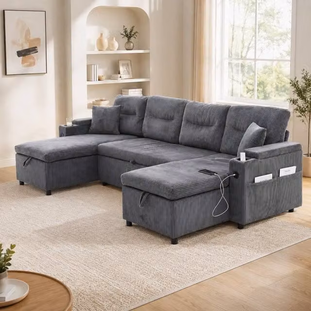 STILVORA 4-Seater L-Shape Upholstered Sofa in Grey with Dual Chaise, Storage, USB Charging and Cup Holders – 1