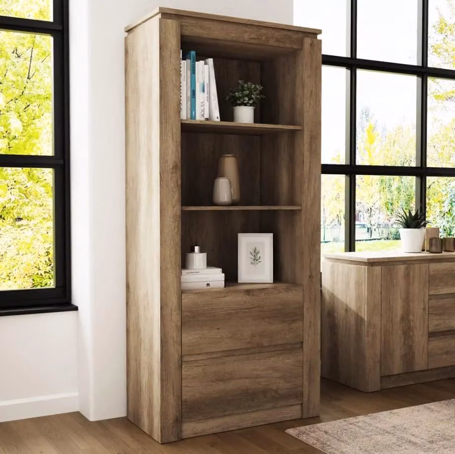 Cheap Furniture Warehouse Canyon Oak and Grey 2 Drawer 3 Shelf Bookcase for your Living Room, W/D/H: 79.2 x 39.5 x 177.3 cm