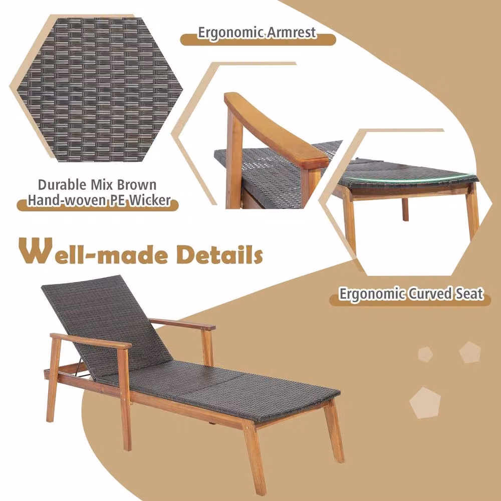 Costway Brown Rattan Outdoor Patio Chaise Lounge Recliner with Acacia Wood Frame – 3