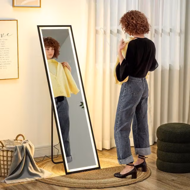 HOMCOM Full Length Mirror with Dimmable LED Lights, Black, W/D/H: 40 x 40 x 150 cm